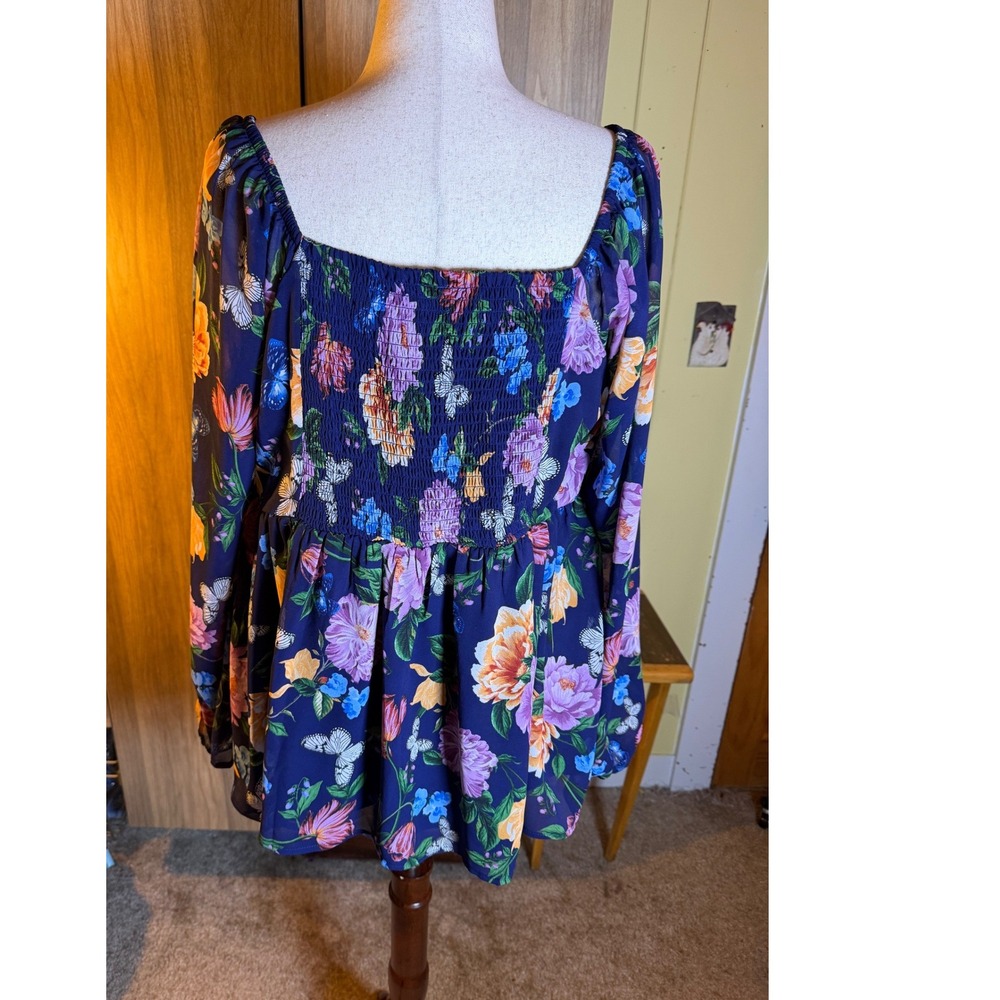 509. Boho Cottagecore Torrid Blue Floral Butterfly Babydoll Top Smocked Back - Picture 5 of 6